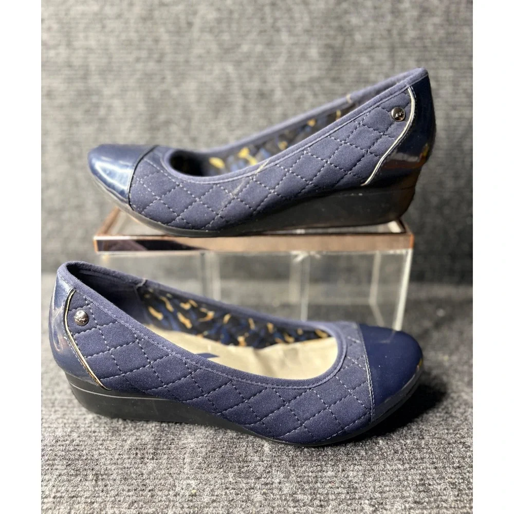 Anne Klein Sport Womens Navy Quilted Patent Cap Toe Wedge Pumps Blue Round Toe